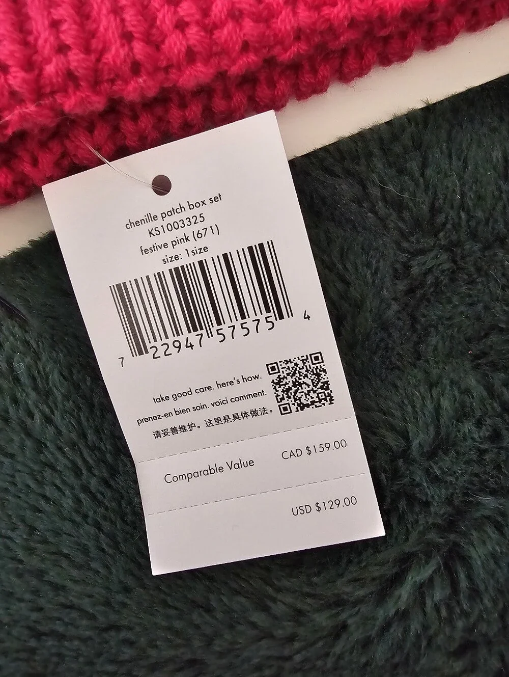 NWT Kate Spade New York Fuchsia Pink Chenille Spade Patch Beanie Hat Mitten Set